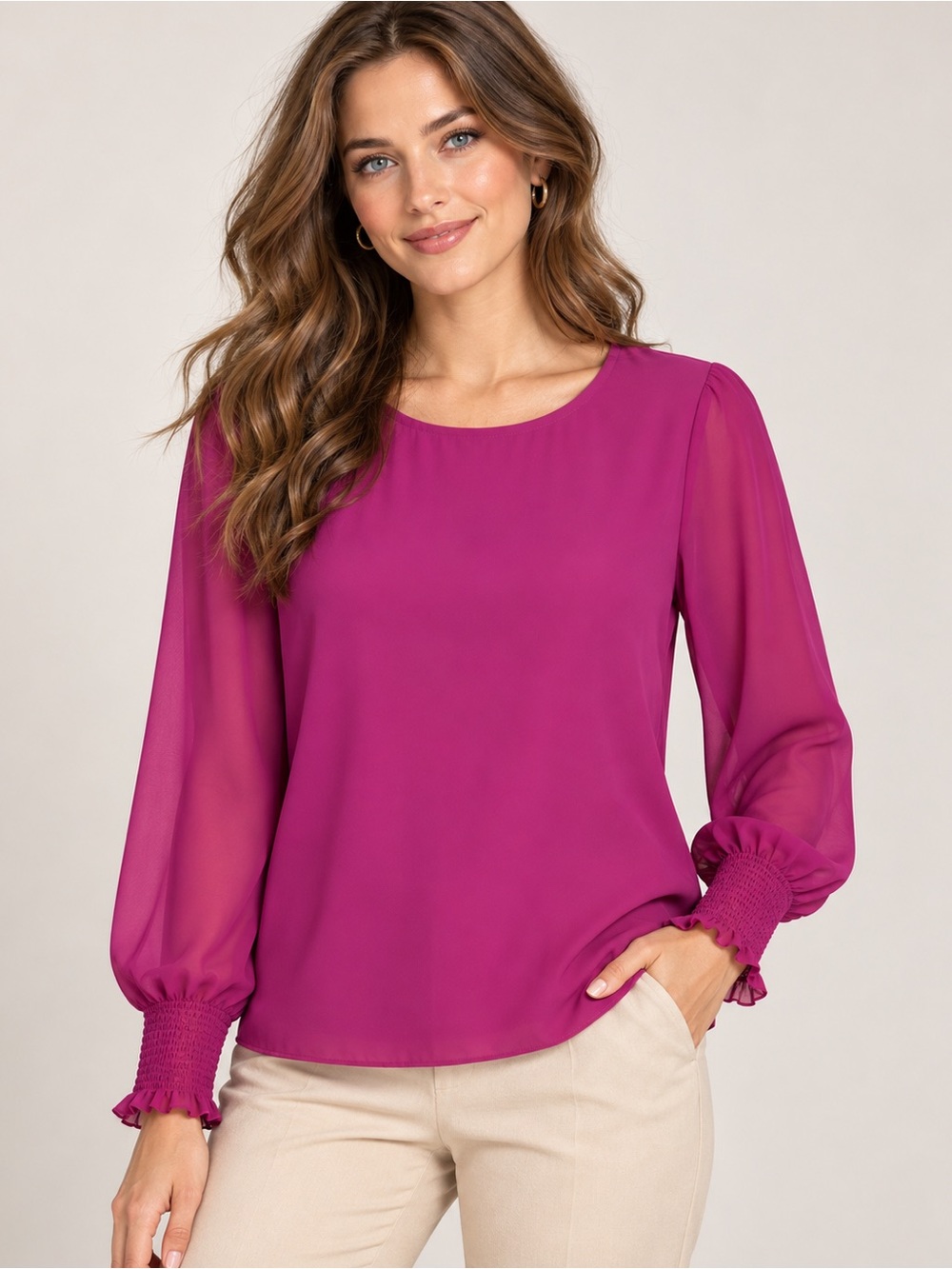 Halston Magenta Long-Sleeve Blouse size XS